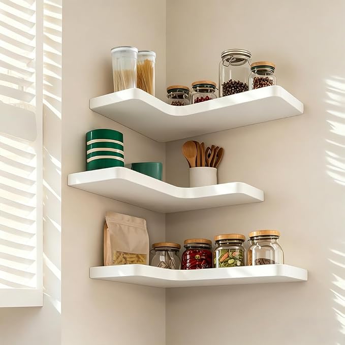 Floating Corner Shelves, Wall Shelf Set of 3, Shelves for Wall Storage, Solid Wood Shelves for Storage, Wall Mount Wooden Display Shelf for Bathroom Bedroom Kitchen Garage (White 3 Pcs)