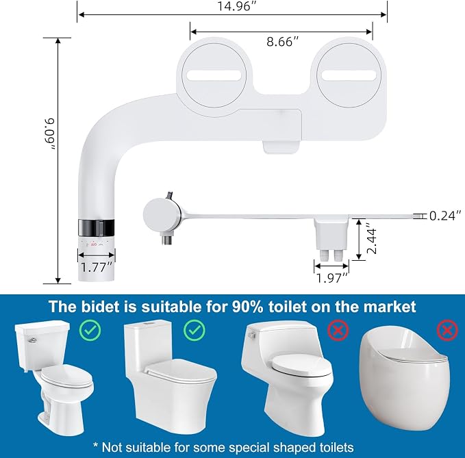 Toilet Bidet Attachment, Non-Electric Dual Nozzle (Feminine/Bidet Wash), Self-Cleaning Fresh Cold Water Sprayer Bidets for Toilets with Adjustable Water Pressure (Rotary Toggle, Black)
