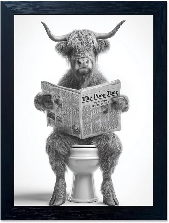 Funny Highland Cow Bathroom Wall Art - Framed Black and White Bathroom Wall Decor, Humorous Cow Picture Wall Decor with Cute Animal Canvas, Modern Farmhouse Style Restroom Sign Art for Toilet & Washroom 16"x20"