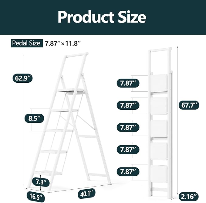 5 Step Foldable Step Stool with Handrail, 330lbs Load, White | Folded 67'' H x 3'' T; Net 17.8 lbs; Anti-Slip Feet Grip Wood, Tile, Carpet; Wide Pedals; For Shelves, Repairs.