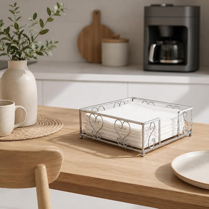 Flat Napkin Holder for Table, Silver Metal Weighted Paper Caddy | Lunch Napkins, Dinner Napkins & Everyday Use