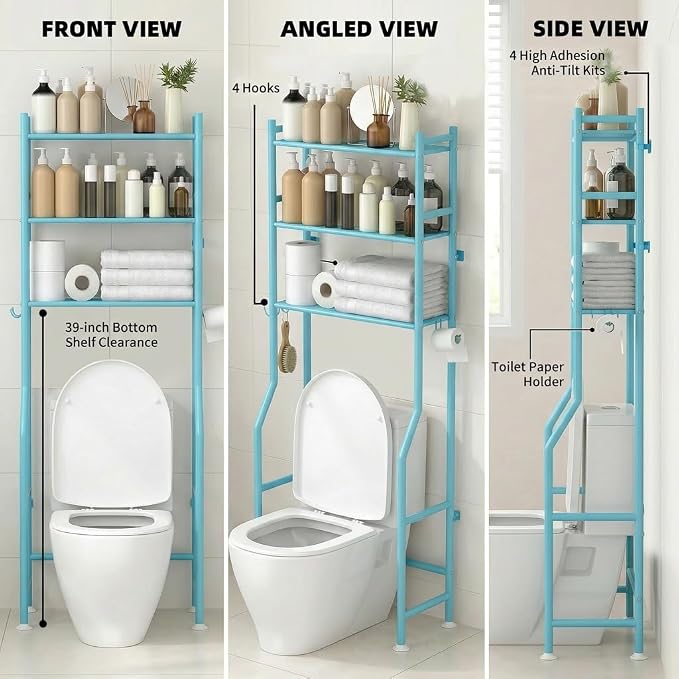 GloTika 3-Tier Over Toilet Storage, Anti-Tilt, 64" H, Blue | Anti-Tilt Safety System, 150lb Capacity, Carbon Steel, Freestanding, No Drilling, Anti-Rust Coating, Paper Holder & 4 Hooks