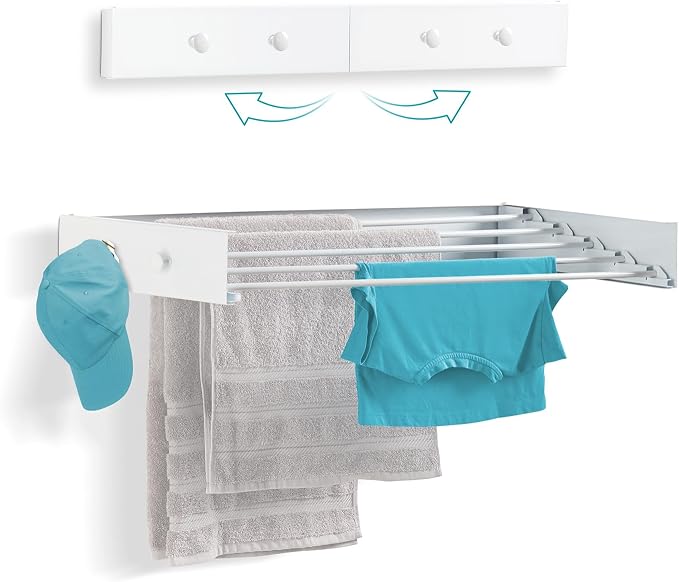 Ivation Retractable Wall Mounted Clothes Drying Rack, 32" Foldable Laundry Drying Rack for Clothing | Collapsible Space-Saving Design & 5 Rods | Easy Installation with Hardware & Wall Template (White)