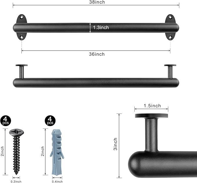 SELEWARE 38 Inch Pipe Stair Handrail Metal Staircase Handrail Industrial Hand Rails for Indoor & Outdoor Steps Wall Mount Hand Rails for Indoor Stairs 1.3" Pipe Safety Grab Bar for Stairs Porch