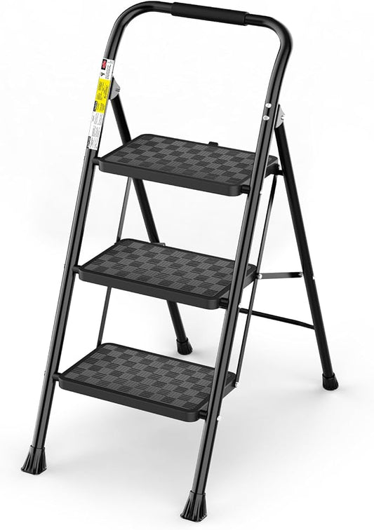 HBTower 3 Step Ladder, Step Stool Foldable for Adults | Wide Anti-Slip Pedal, Lightweight 3 Step Ladders for Home, Black