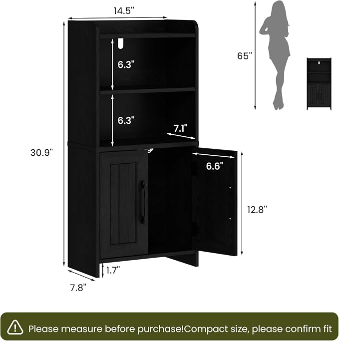 Small Bathroom Storage Cabinet with 2 Doors & Shelf,Line Black | Narrow Storage Organizer, Toilet Paper Floor Cabinets Freestanding, for Small Spaces, Laundry Room, 7.8" D x 14.6" W x 31" H