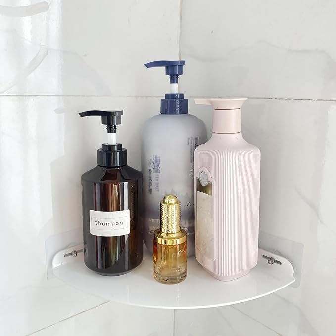 Corner Shower Caddy Shelf Rack, 8.5"x8.5" 2 Tier White | Adhesive No Drilling, Acrylic, Bathroom Storage Organizer