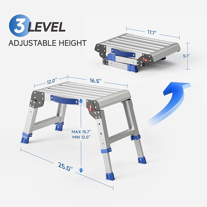 Folding Step Stool for Adults, Portable Aluminum Work Platform 440lb | 12"-15.7" Adjustable Height, 12" x 16.5" Wide Platform for Garage, Painting, Reach High Shelves, Gardening, Car Wash
