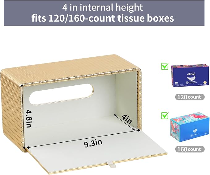 PU Leather Tissue Box Cover Rectangle, Tissue Box Holder Gold | Inner Height 4 Inches, Fits 120/160 Count Tissue Boxes, Non Slip Base, Rectangular Tissue Cover for Bathroom Nightstand