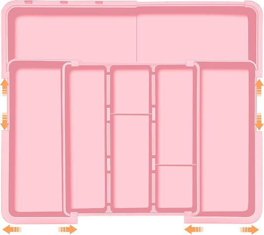 Large Utensil Drawer Organizer Expandable Silverware Organizer for Kitchen Drawer Adjustable Cooking Utensil Holder Cutlery Flatware Tray Spatula Tools Gadgets Storage Dividers Plastic Pink