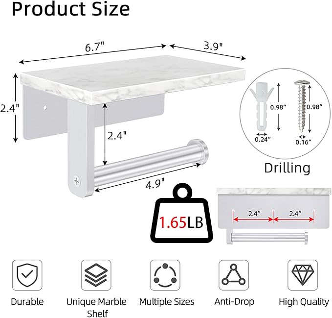 Gypie Toilet Paper Holder with Marble Shelf, Wall Mounted Brushed Nickel | Stainless Steel Tissue Roll Paper Holder Dispenser for Bathroom Washroom