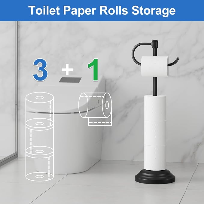 RUMOSE Toilet Paper Holder Stand for Floor Free Standing, Black | Bathroom Freestanding Toilet Tissue Roll Holder with Storage, Adjustable 17-25 Inch, Rustproof, SUS304 Stainless Steel