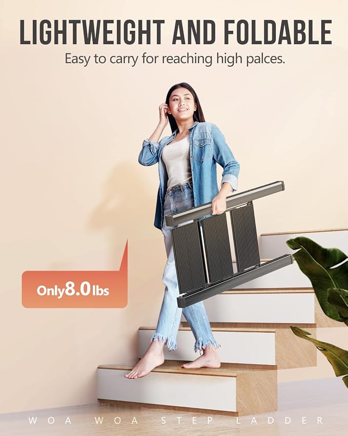 3 Step Foldable Step Stool, 300lbs Load, Black | Folded 35''H x 2''T; Net 7.99 lbs; Non-Slip Feet: Wood/Tile/Carpet; Rigid Aluminum Steps; No Assembly; Ready From Box.