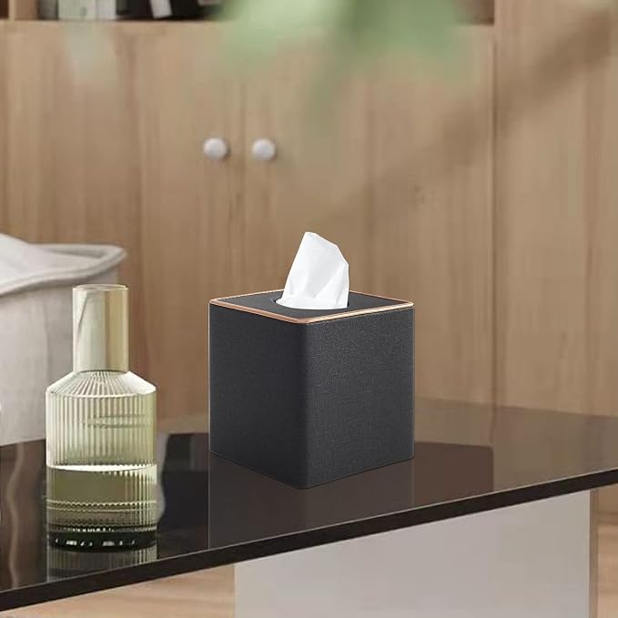Linen Square Tissue Box Cover,Cube Tissue Box Holder－Excellent Rosegold Leather Decoration,Table Napkin Case Dispenser,Facial Tissues Organizer with Magnetic Bottom for Home Office Car(Black)