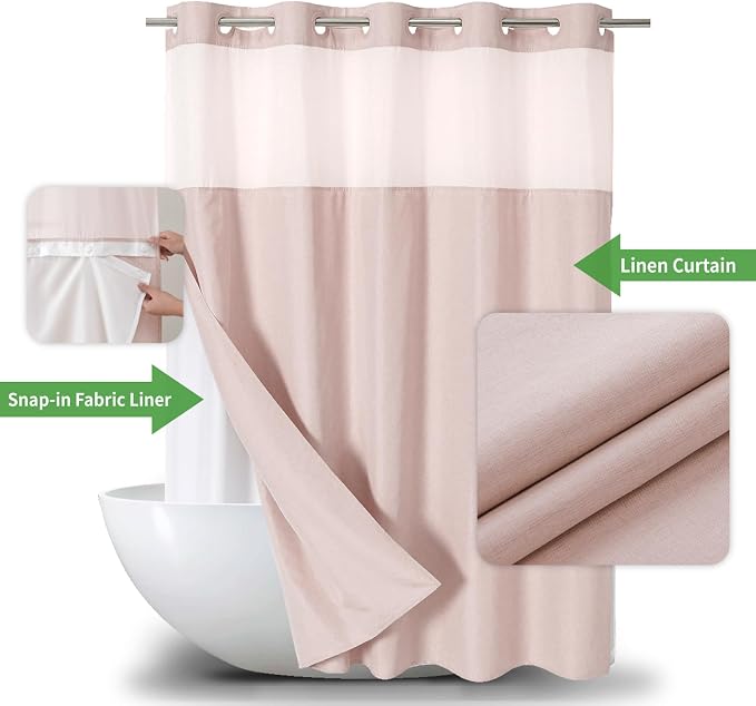 eachope No Hook Linen Texture Shower Curtain with Snap-in Liner,71x86 Blush | Extra Long,230GSM Thick Fabric,Hotel Luxury Decor,Mesh Top Window,Bottom Magnetic,Waterproof & Machine Washable,for Bathroom