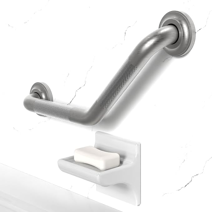 1-1/4 x 16inch Angled Grab Bar for Stud Mount with Knurled Grip, Bathroom Mobility Aid, ADA Compliant Heavy Duty 500lbs Support, Rustproof Stainless Steel (Brushed Nickel)