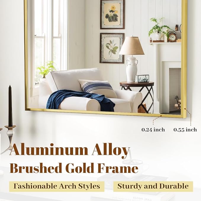 Arched Wall Mirror, 30 x 38 inch Arch Bathroom Mirror Gold | Wall Mounted Bathroom Vanity Mirror with Arch Metal Frame, Modern Room Decor for Bedroom, Entryway, Hanging or Leaning