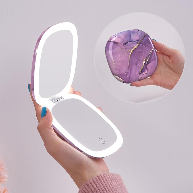 Mocado Compact Mirror with Light-4 Inches Compact 1x/10x Magnifying Mirror | Double Sides Lighted, 3 Colors Lighting, 0-100% Brightness, Diammable Touch, 1200mAh Rechargeable, For Pocket, Purse