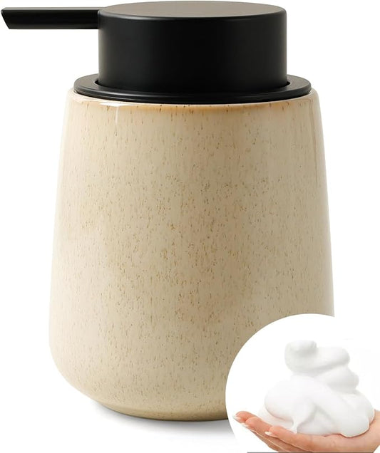 Bosilunlife 12Oz Ceramic Foam Soap Dispenser for Bathroom Kitchen Counter | Premium countertop foam pump creates delicate dense foam, stable desktop placement, Greige with Speckle