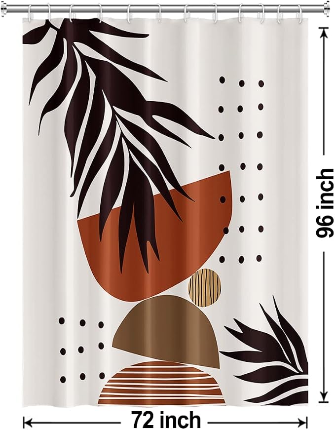 Mid Century Terracotta Shower Curtain for Bathroom 72x96 Inch | Waterproof Abstract Dark Brown Leaves Shower Curtain Set, Soft Boho Bathroom Decor, Machine Washable