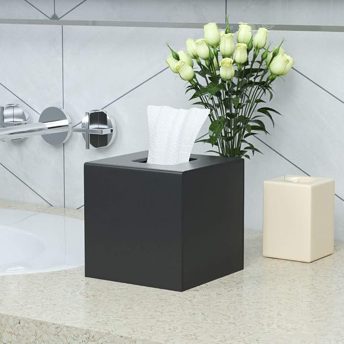 Tissue Box Cover, Acrylic Tissue Holder Napkin Dispenser for Home Office Restaurant Desk Decor, Black Square 5.4x5.4x5.4'' | Bottom Magnet Closure, for Home Office Restaurant Vanity Desk TableTop