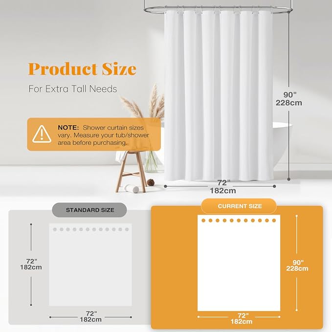 72x90 Linen Textured Waterproof Thick Fabric Shower Curtain Set, White | Long Size, 230GSM Polyester, Heavy Duty Cloth, Weighted Hem, 12 Plastic Hooks, Modern Luxury Hotel Style, Machine Washable