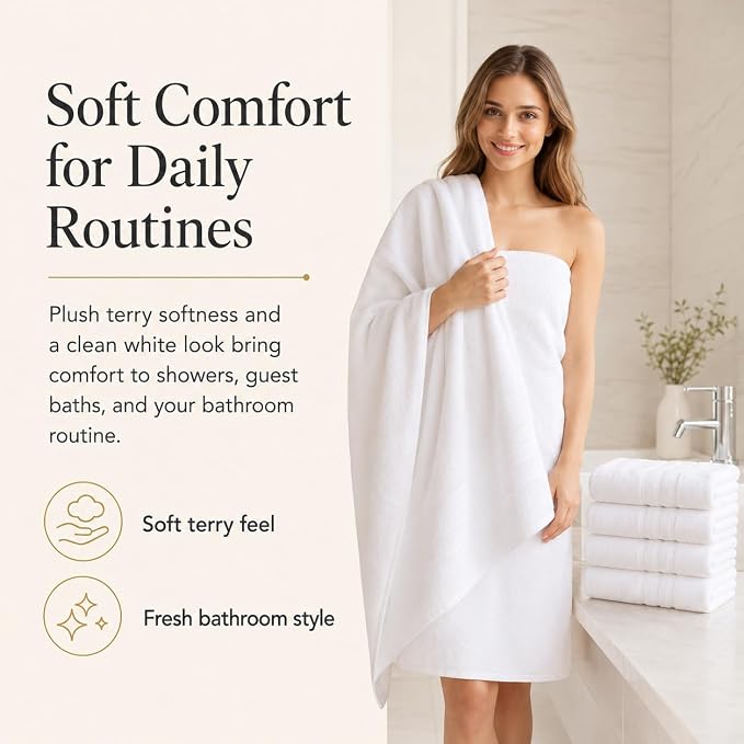 Velqora Bath Towels 4 Pack, 30x60 in, 100% Cotton, Soft, Multicolor | Pink, White, Light Gray & Sage Green Mix | Absorbent Terry | Balanced Weight | Easy Care