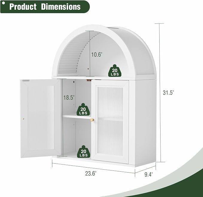 Arched Bathroom Wall Cabinet, Boho Medicine Cabinet with Tempered Glass Doors, Above Toilet Storage Cabinet, Wall Mounted Adjustable Shelf for Living Room, Restroom,White