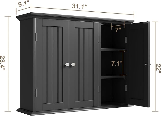 ChooChoo Laundry Cabinet with 3 Doors and Adjustable Shelves | 9.06"D x 31.1"W x 24"H, Bathroom Wall Cabinet, Cupboard, Black