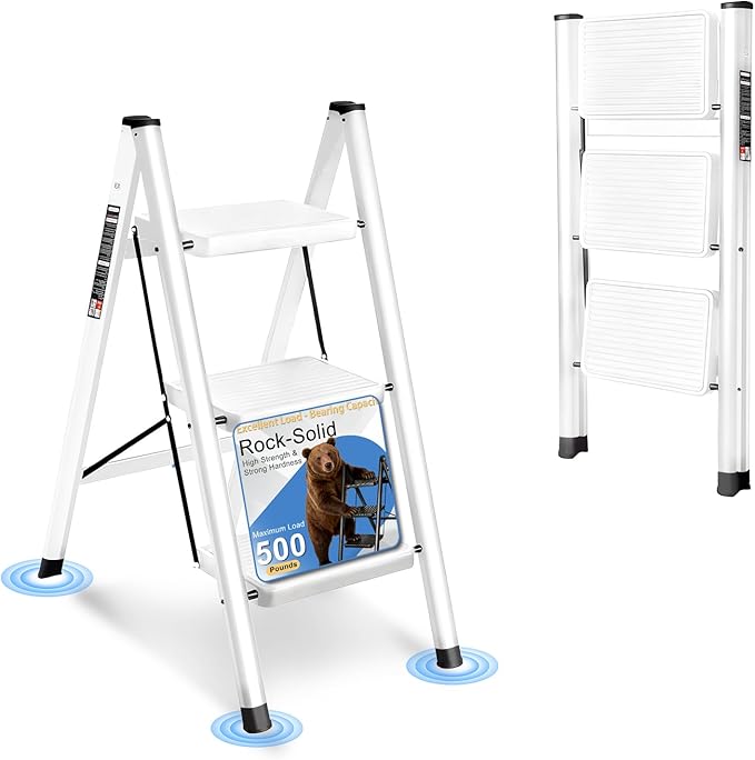 3 Step Ladder Folding Step Stool Sturdy Carbon Steel Frame | 500LBS Capacity Sturdy Anti-Slip Thick Pedal & Feet Portable for Home Kitchen Garage(white-3step)