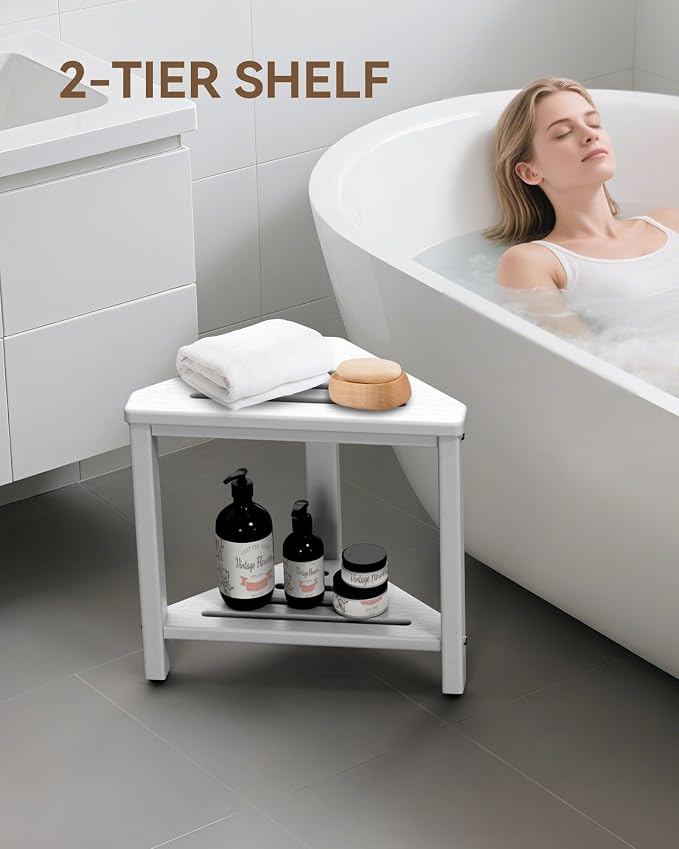 Shower Foot Rest 15in, HDPE Waterproof Shower Stool for Inside Shower, Corner Shower Stool for Shaving Legs with Storage Shelf for Small Space, Shower Step Stool, Plastic Corner Shower Bench, White