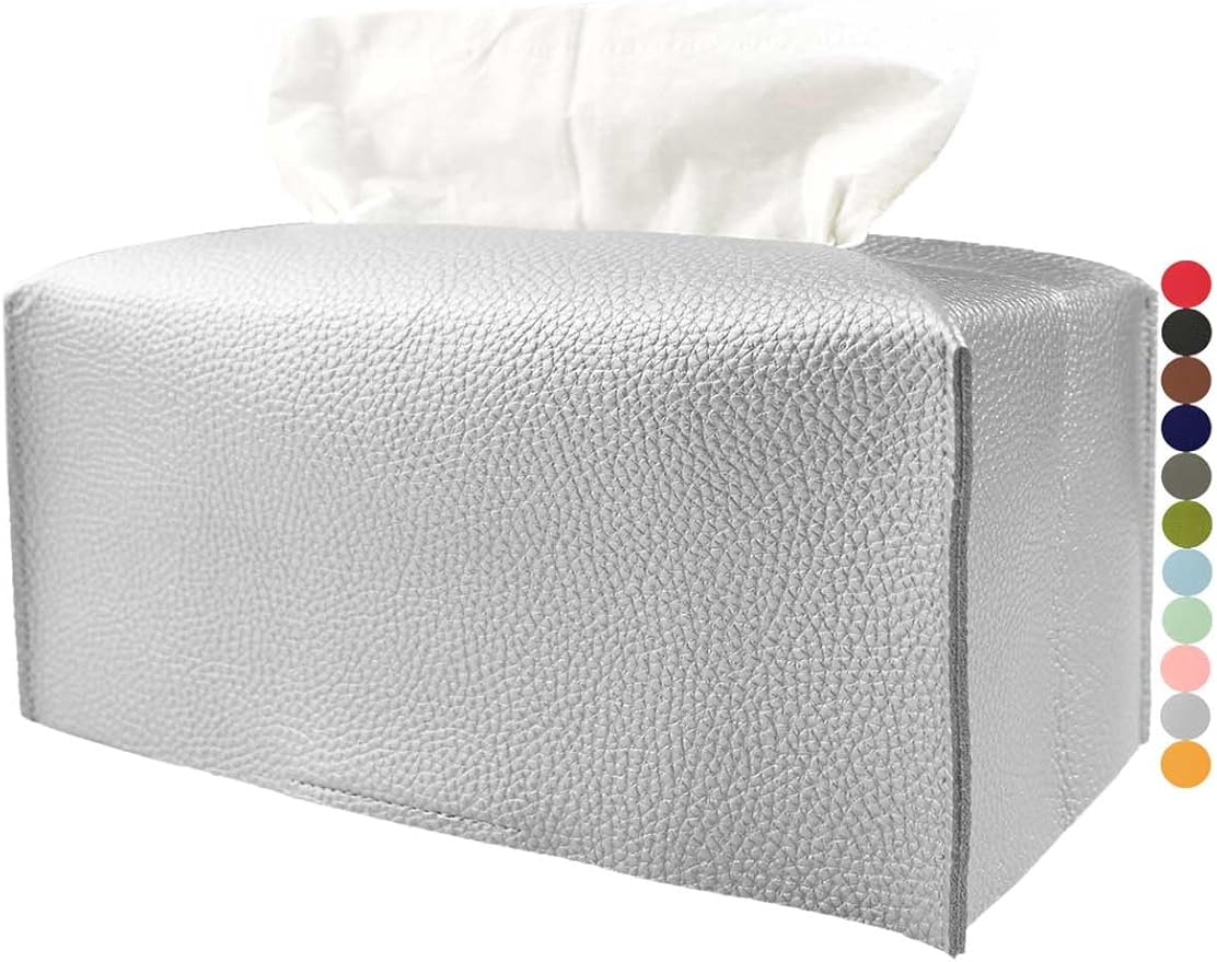 Rectangle Tissue Box Cover Silver - Normal Size Leather Rectangular Tissue Box Cover [JESMINI] Faux Leather Tissue Box Holder Long for Normal Rectangular Facial Tissue Box