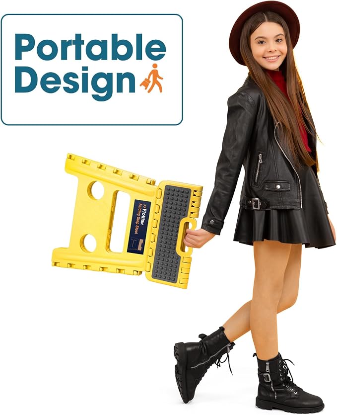 Flottian 13" Folding Step Stool for Adults and Kids Holds Up to 300 lbs,Non-Slip Folding Stools with Handle, Compact Plastic Foldable Step Stool for Bathroom,Bedroom, Kitchen,Bright Yellow,1PC