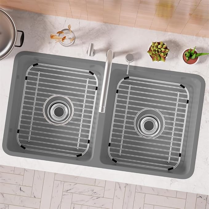SANNO Sink Rack, Sink Protector for Kitchen Sink, Bottom Grid Rack Center Drain, Stainless Steel, 2pcs 11.5" x 13.8"