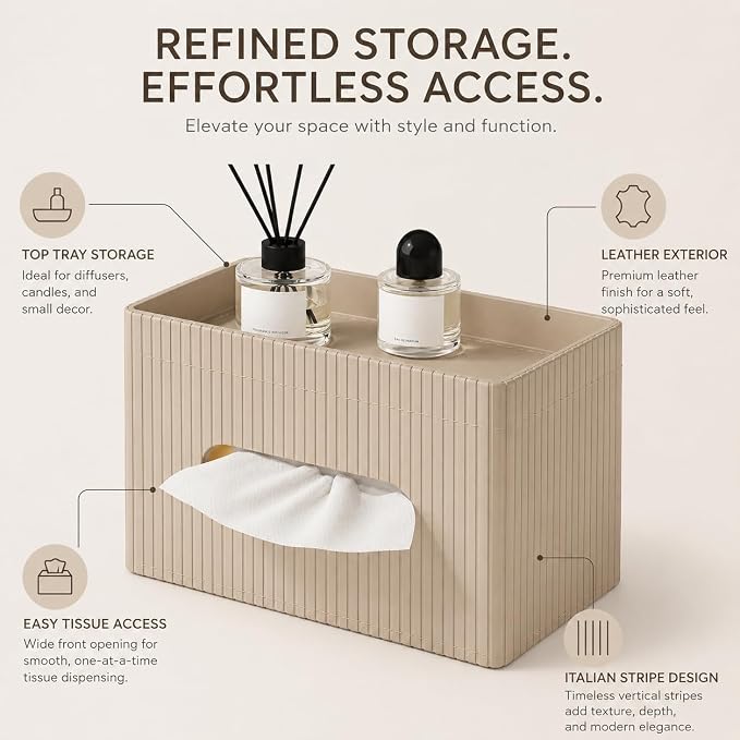Ribbed PU Leather Tissue Box Cover with Storage Tray, Rectangular Facial Tissue Holder for Bathroom Vanity, Nightstand & Office Desk, Modern Decorative Tissue Dispenser (Warm Beige)