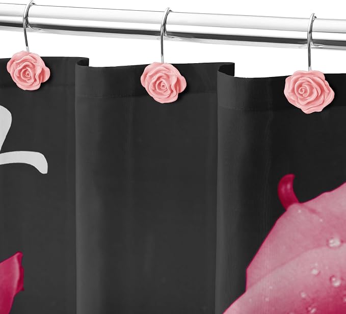 Cute Rose Floral Shower Curtain Hooks Rings for Bathroom,Pink 12PCS | Metal Rustproof Curtain Hooks Shower Rings,Girls Decorative Flower Bathroom Decor,for Bathroom Shower Rods