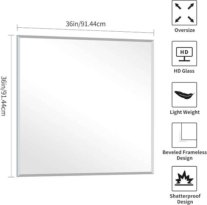 KOCUUY Beveled Bathroom Mirror, 36x36 inch Frameless Rectangle Mirror for Over Sink, Upgraded Shatterproof Unframed Design for Bedroom, Living Room, Entryway