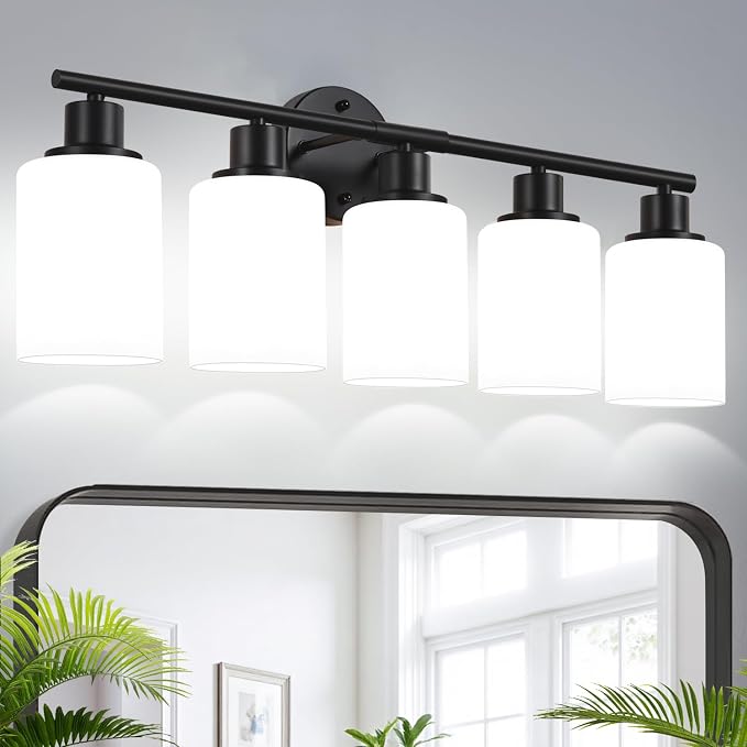 5-Light Bathroom Light Fixtures, Black Modern Vanity Lights with Milky White Frosted Glass Shades, Bathroom Wall Lamp, Clear Glass Shade, for Mirror, Living Room, Kitchen, Hallway, Cabinet, Porch