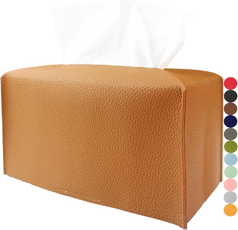 Tissue Box Cover Large Rectangular – Plus Size Leather Tissue Box Holder with Bottom Belt [JESMINI, Camel Brown] Long Rectangle Tissue Holder for Bathroom/Car/Office Decor
