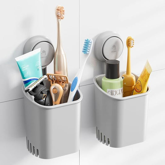TAILI Suction Cup Toothbrush Holders for Bathroom Wall 2Pack, Gray | Shower Toothbrush and Toothpaste Holder, Drill-Free 1S Installtion, Removable Powerful Suction Cup Organizer, Self-draining