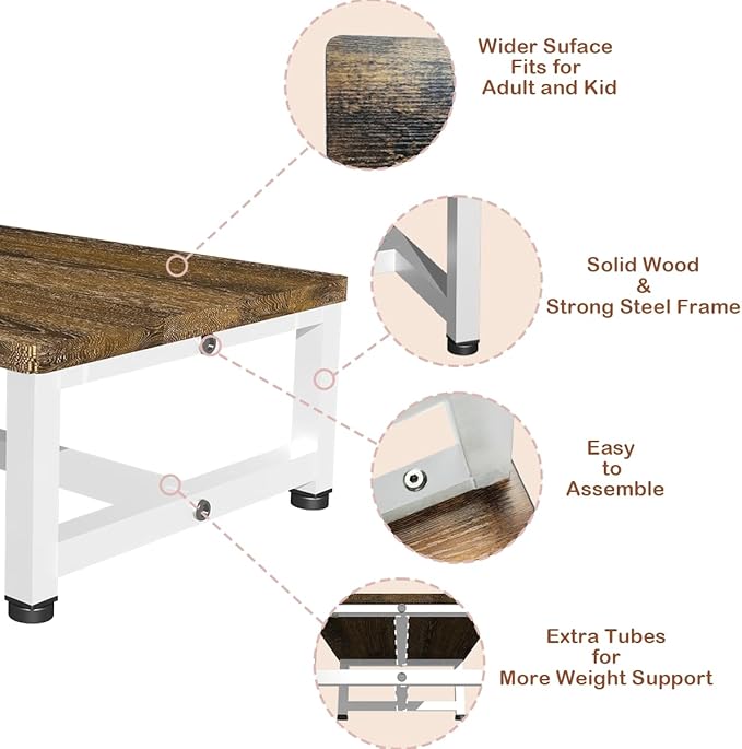 Wooden Step Stool for Toddlers Kids and Adults, Heavy Duty Stepping Stools with 300 LB Load Capacity, Foot Step Stool for Bed, Bedroom, Living Room, Bathroom, Kitchen - Rustic Brown & White