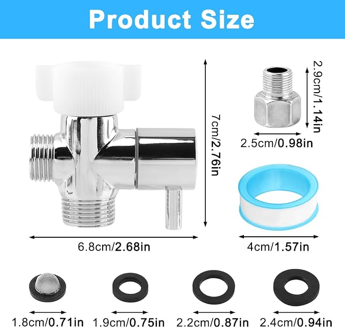 Bidet T Adapter with Shut off Valve, Metal 3 Way T Valve 7/8" x 7/8" x 1/2" or 3/8" Adapter Included, Chrome Finish Tee Connector Bidet Attachment, Leak-Free, Includes Tape