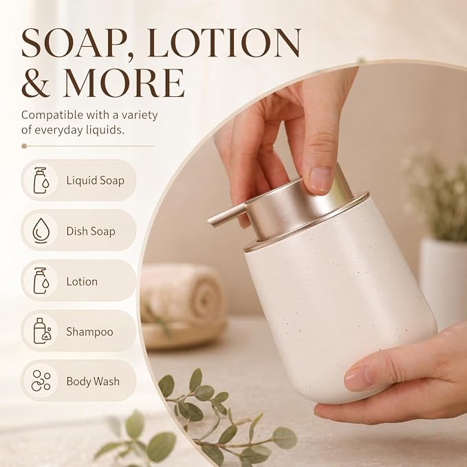 BosilunLife Ceramic Soap Dispenser - Dish Soap Dispenser for Bathroom 12Oz | Refillable Liquid Hand Wash Dispenser for Essential Oil, Lotion Soap, Apricot with Speckle