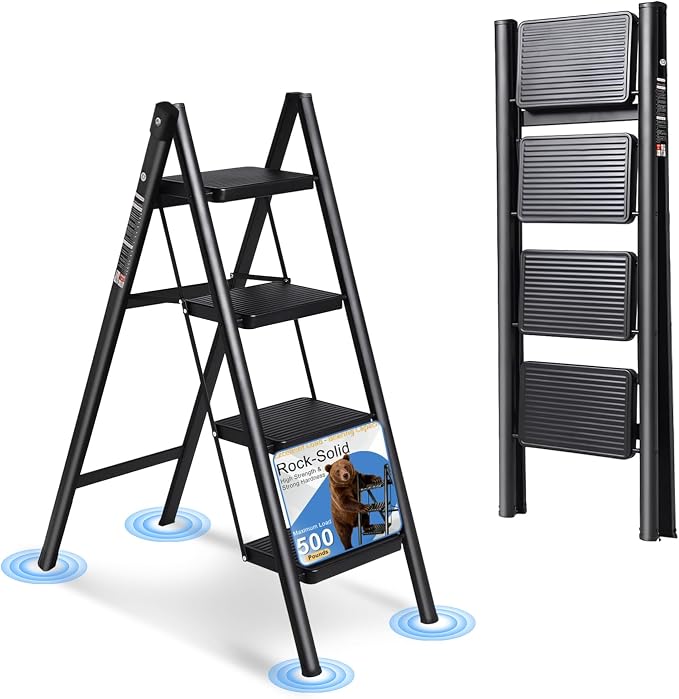 4 Step Ladder Folding Step Stool Sturdy Carbon Steel Frame | Anti-Slip Thick Pedal & Feet Portable for Home Kitchen Garage (black-4step)