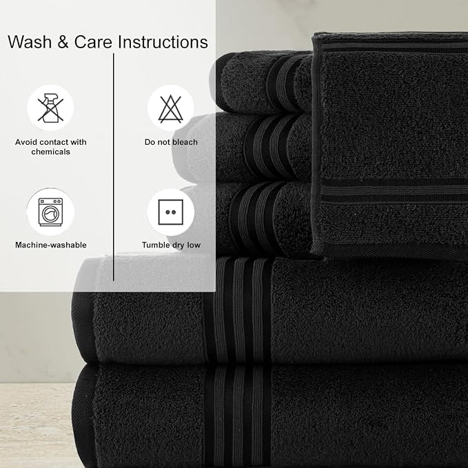 CASA COPENHAGEN 6pcs Bathroom Towel Gift Set, 600GSM, Black | Zero Twist 100% Egyptian cotton,2 Bath Towel , 2 Hand towel , 2 Washcloths Towels. (Gift Set for Women & Men)