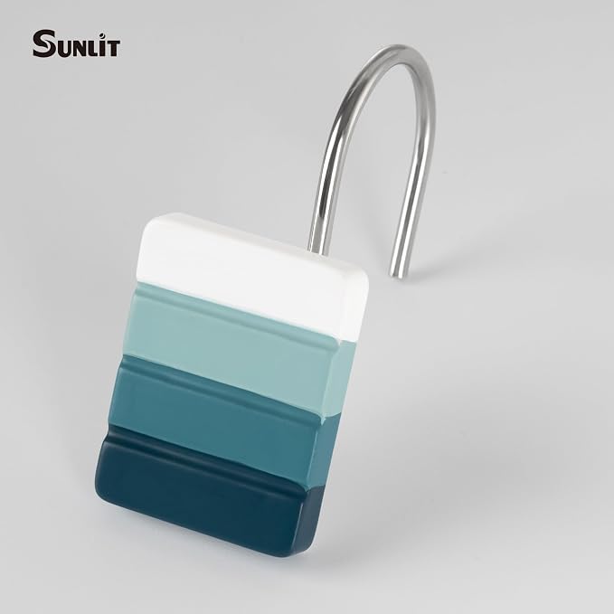 Sunlit Ombre Teal Decorative Shower Curtain Hooks, Teal White Gradient Shower Curtain Rings, Resin, Bathroom Decoration Stripes Shower Curtain Hangers, 12 Pack