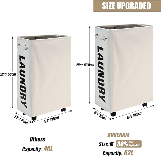 DOKEHOM 25" Slim Rolling Laundry Basket Hamper, Narrow on Wheels, Beige | Collapsible narrow laundry hamper with mesh drawstring closure. Foldable corner clothes storage bin for small spaces