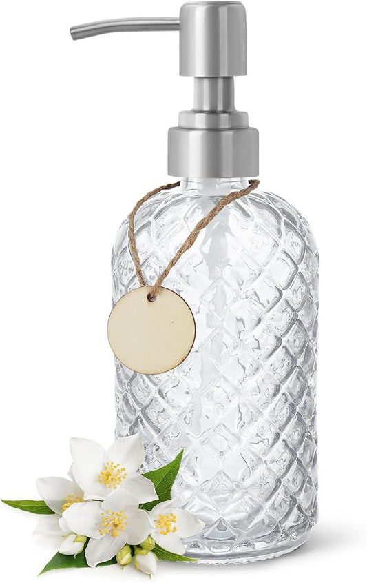Gem-Patterned Glass Soap Dispenser with Rust Proof Stainless Steel Pump-13 oz Liquid Hand Soap Dispenser for Kitchen & Bathroom,Great for Lotions, Essential Oil, Liquid Soaps-Clear