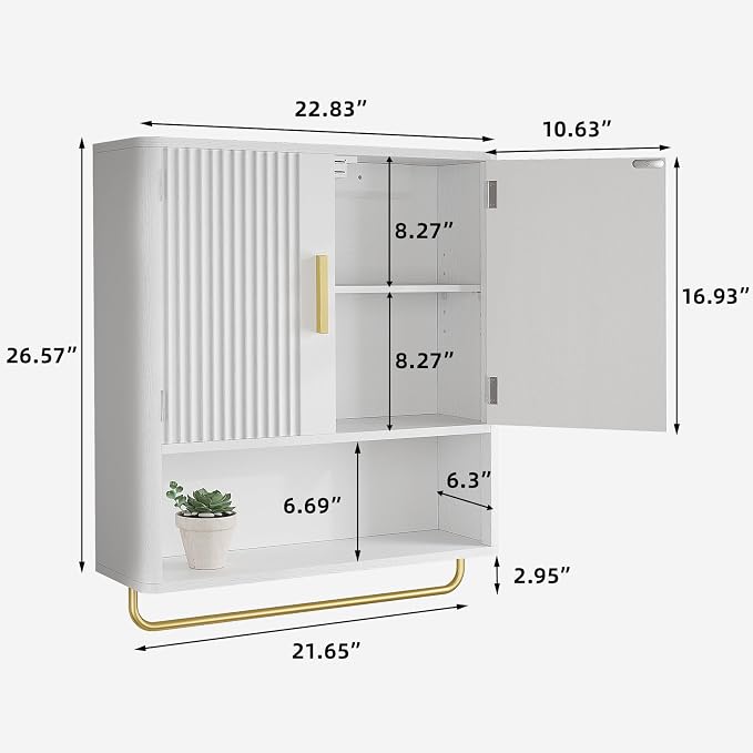 Bathroom Wall Cabinet, Medicine Cabinet with Fluted Door & Adjustable Shelf | Over The Toilet Storage Cabinet with Towel Bar, Space-Saving Cabinet Wall Mount for Laundry Room, Kitchen, Living Room