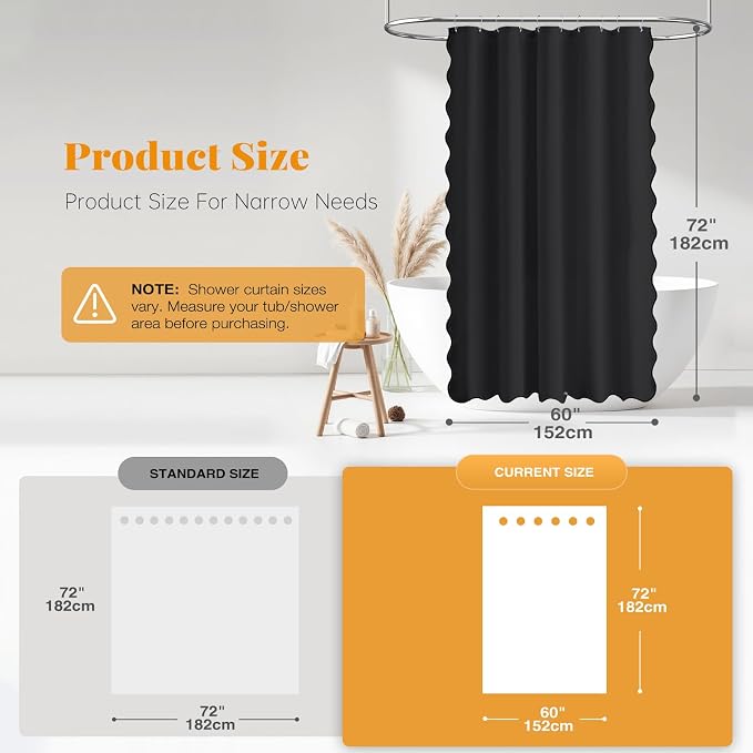 60x72 Boho Scalloped Linen Textured Cloth Shower Curtain Set, Black | Narrow Size, 230GSM Waterproof Polyester, Heavy Duty Fabric, 10 Plastic Hooks, Chic Modern Farmhouse Style, Machine Washable